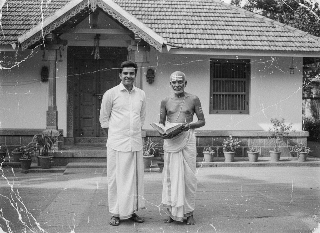 Dr. David Dharmadas learning Vastu Shastra in 1973 under the guidance of Sri Mutyala Swami Siddanthi at a traditional Gurukul in coastal Andhra Pradesh.