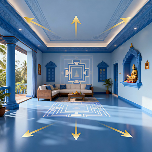 Vastu-perfect living room designed by Dr. David Dharmadas showcasing sacred geometry and positive energy flow aligned with traditional Indian Vastu Shastra.