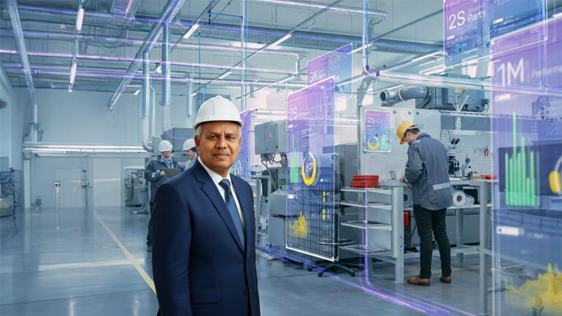 Dr. David Dharmadas, Industrial Vastu Consultant, inspecting a modern manufacturing facility designed with energy-efficient and Vastu-compliant architecture.